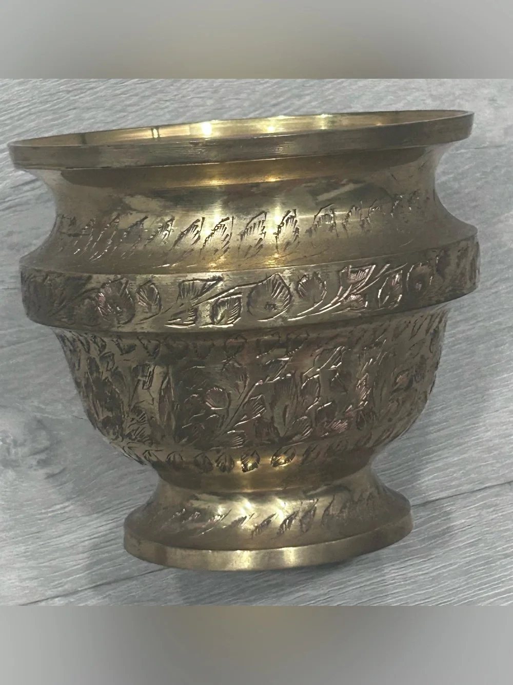 Indian Brass Pedestal Bowl Hand Etched Floral Design Traditional India Decor VTG